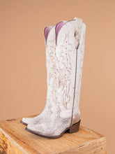 White Hair Stud Embroidered Snip Wide Mid Calf Women Cowboy Fur Tall Boots